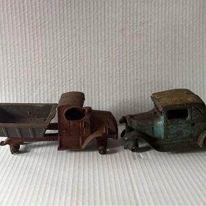 Antique cast iron ? Heavy Toy Truck Set - Rusted, Brown & Green incomplete parts